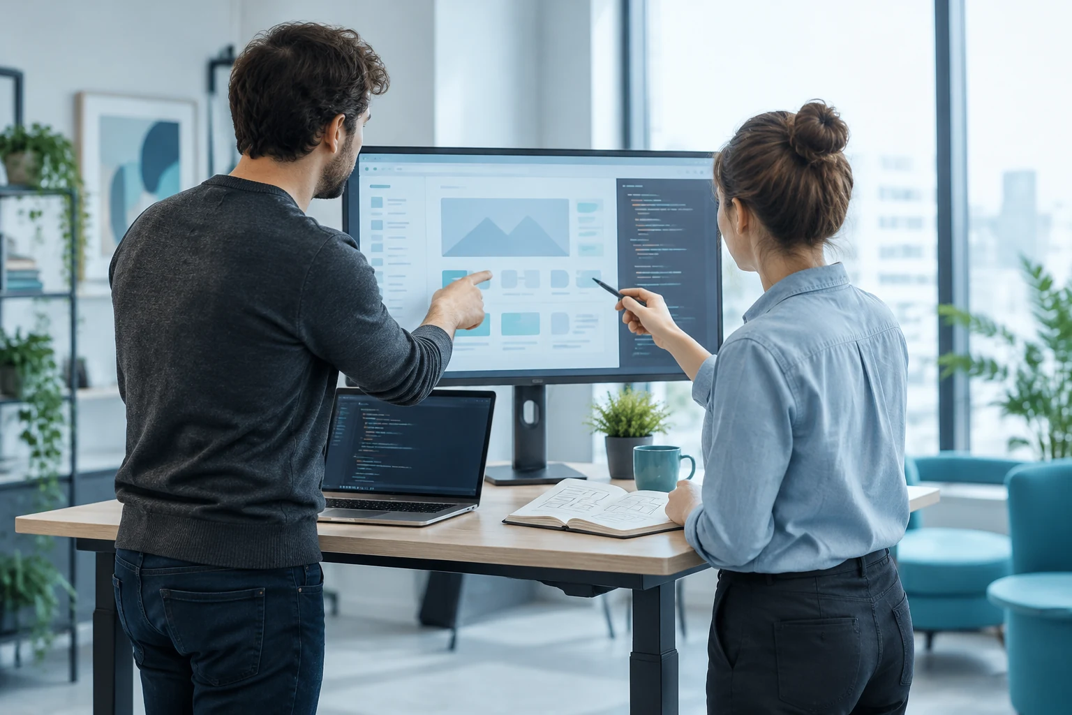 Two developers discussing a web application layout on a large monitor