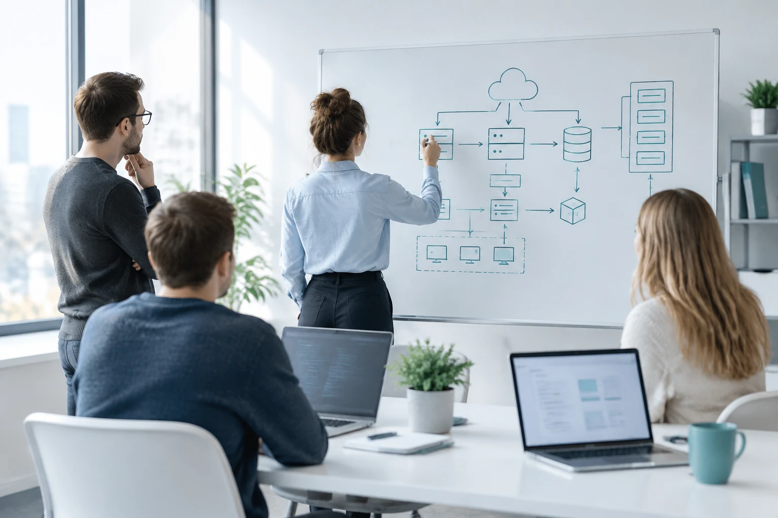 Team discussing a system architecture diagram on a whiteboard