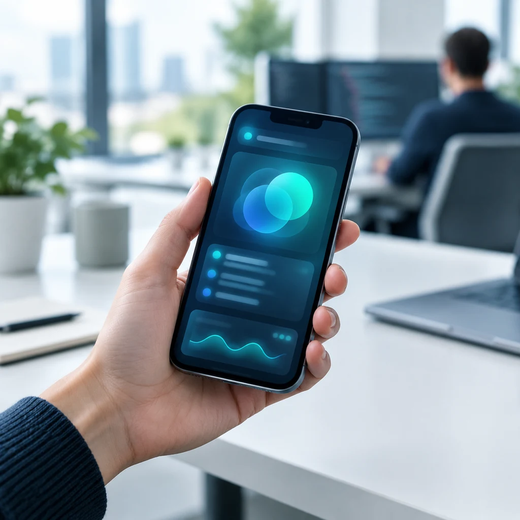 Hand holding a smartphone with a glowing app interface