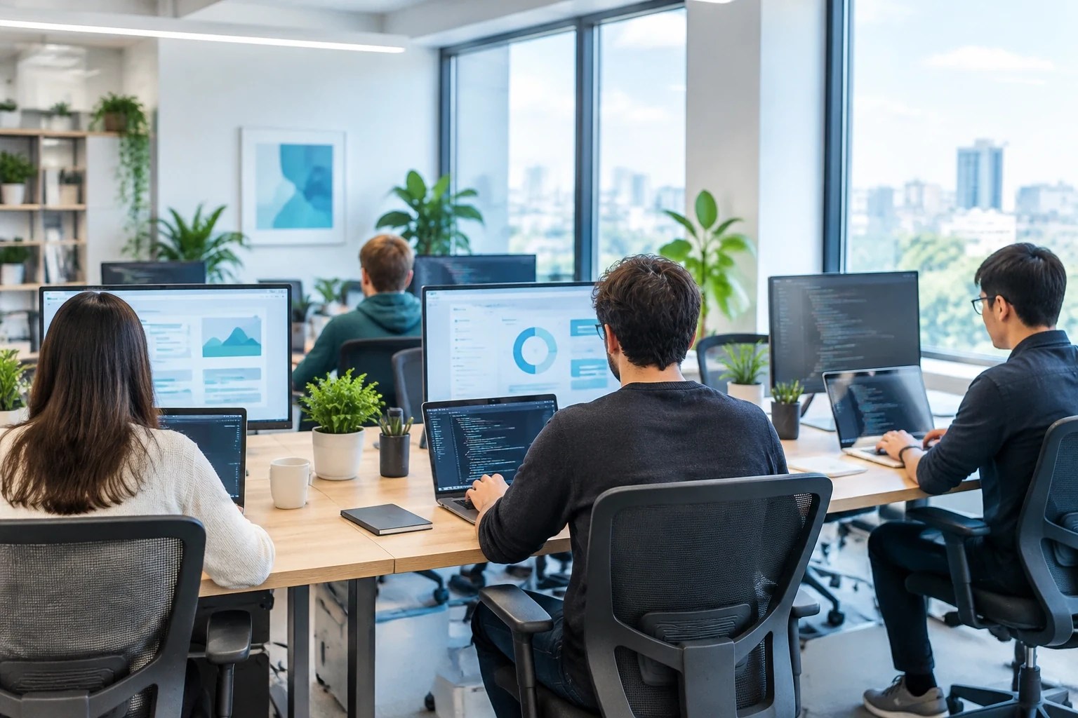 Software development team working at laptops in a bright open office