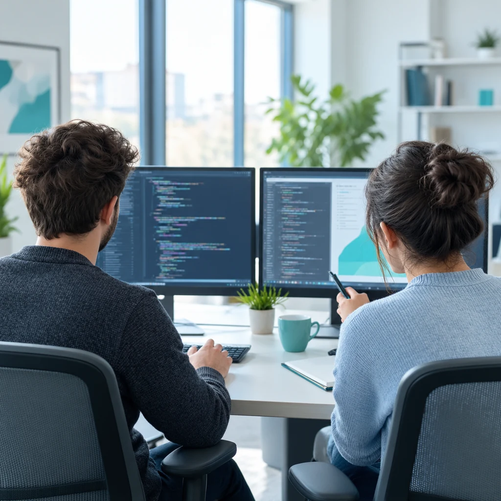 Two developers pair programming at one desk