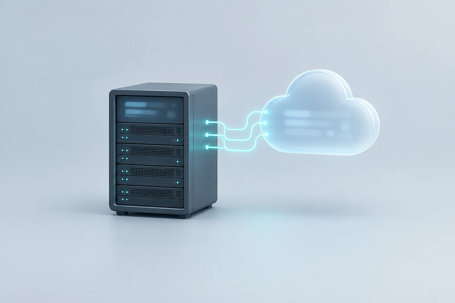 Server rack connected to a cloud shape by glowing lines