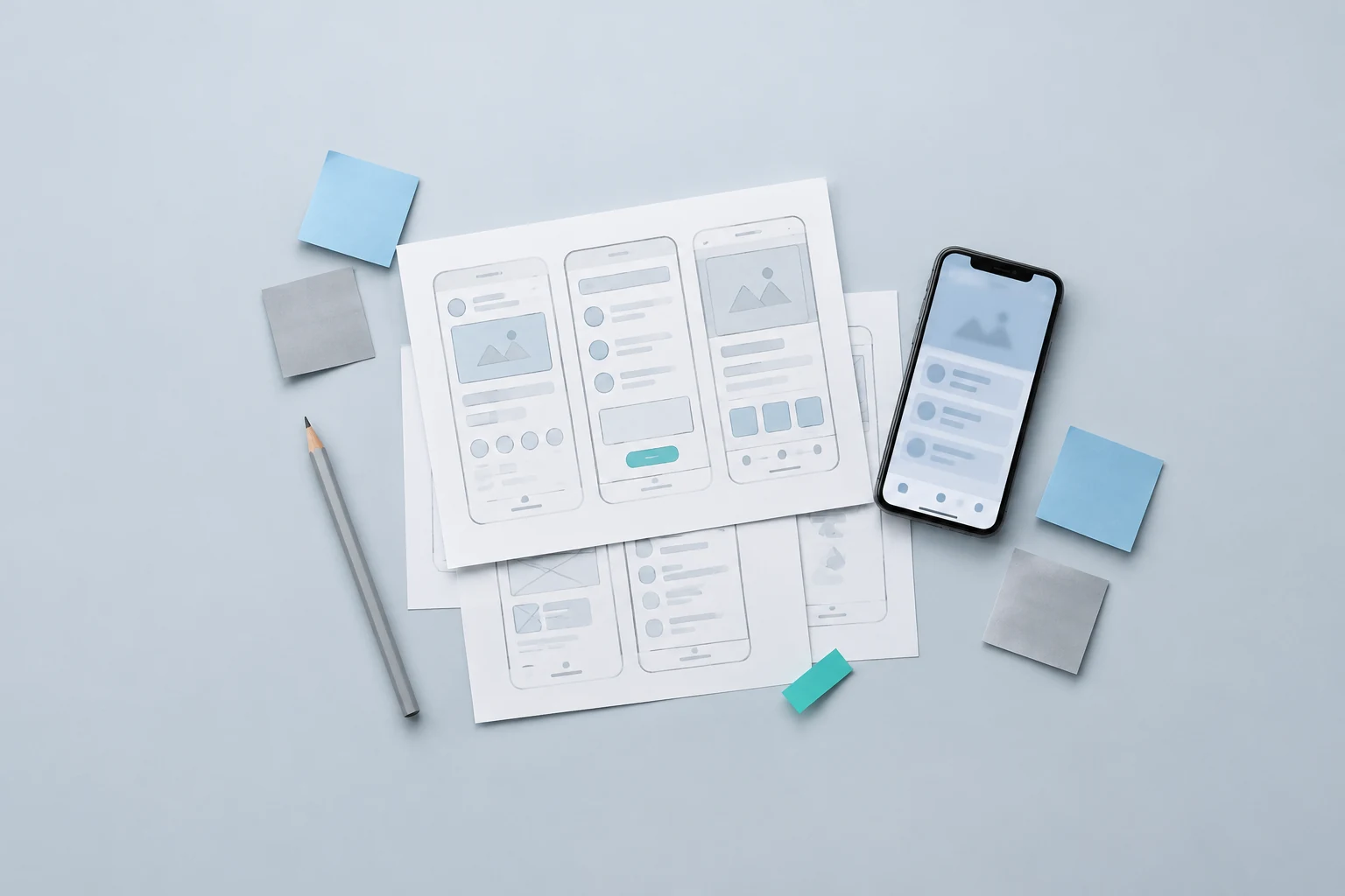 Paper wireframe sketches of app screens next to a smartphone