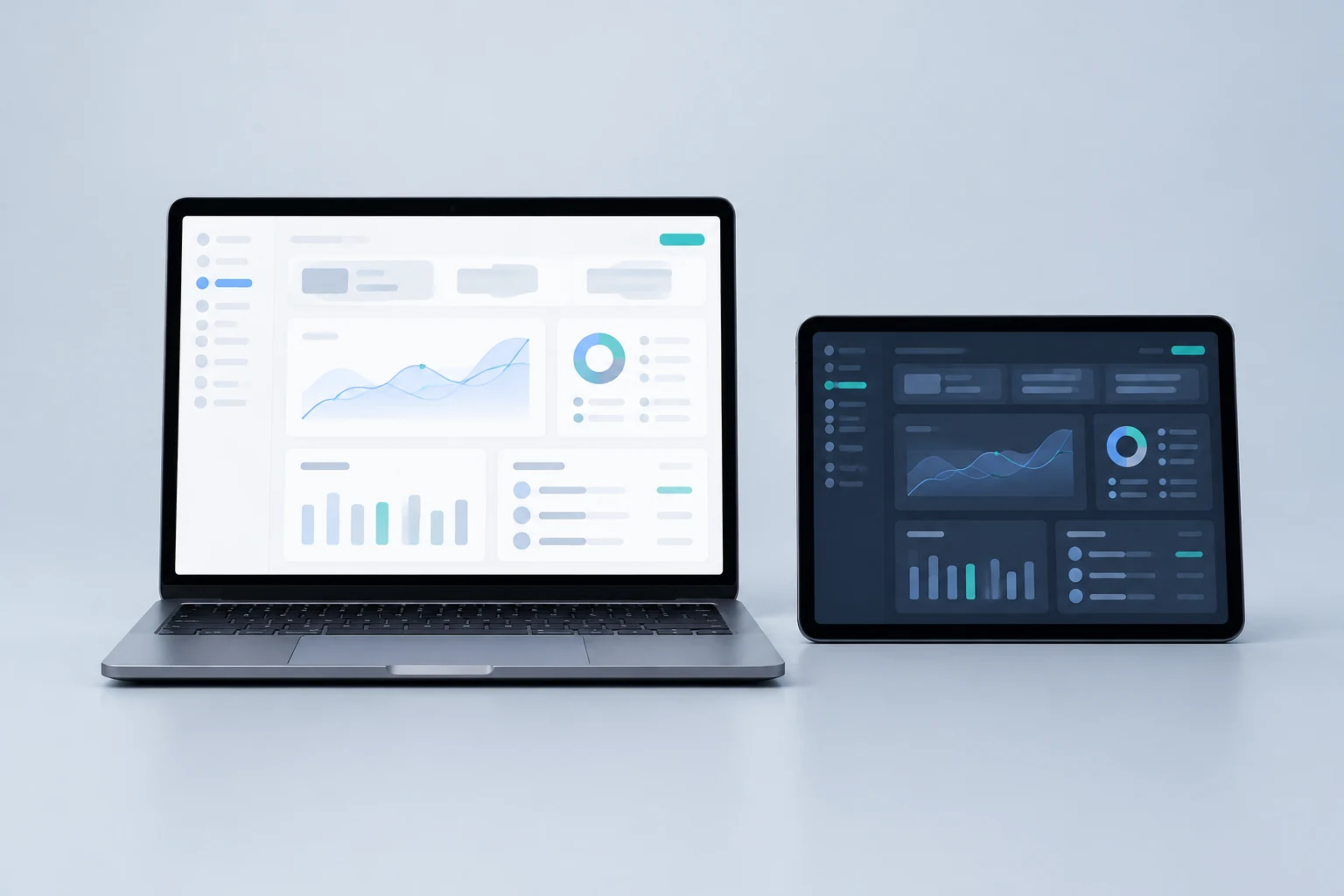 Laptop and tablet showing a web application in light and dark themes
