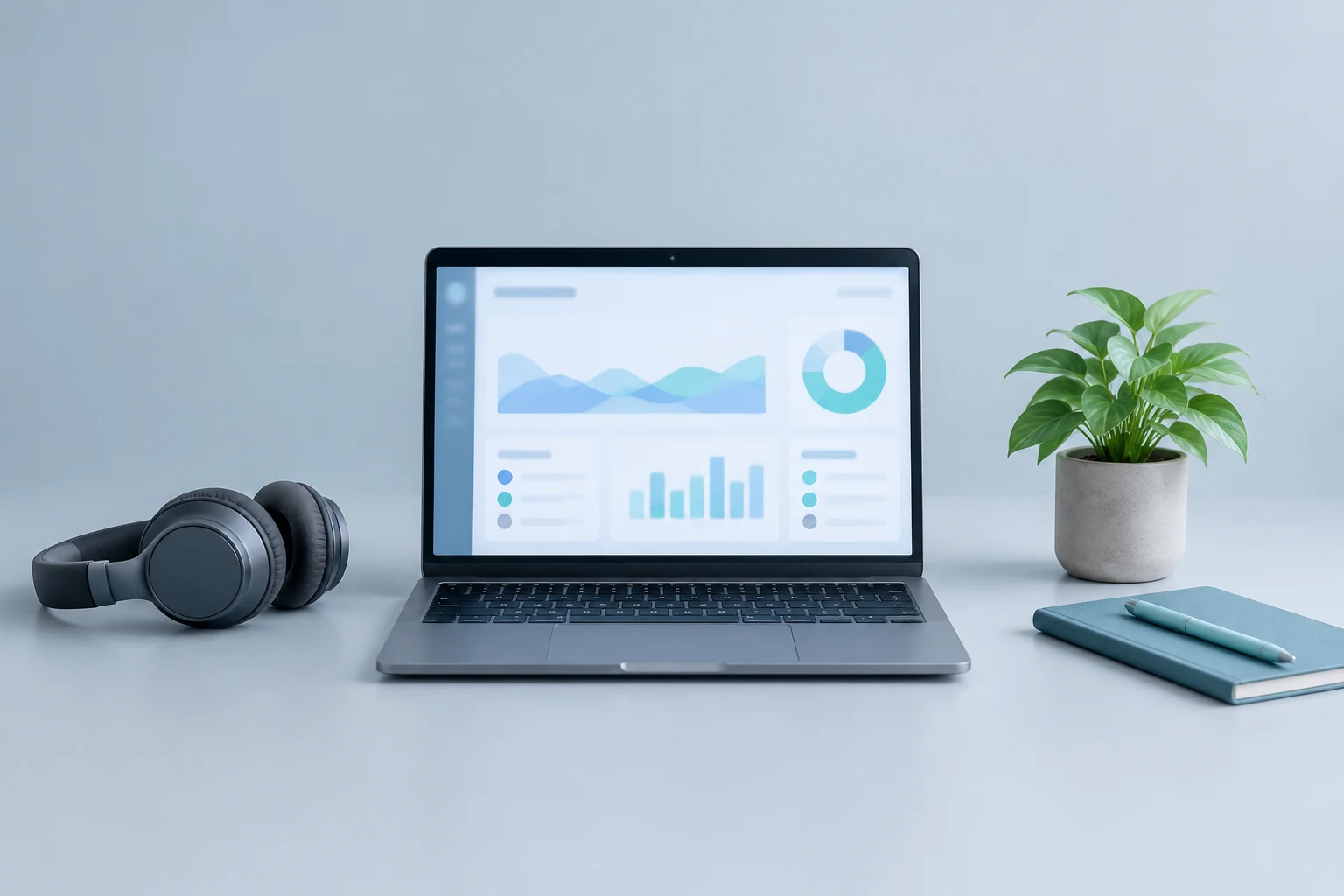Laptop with a monitoring dashboard and headphones on a tidy desk