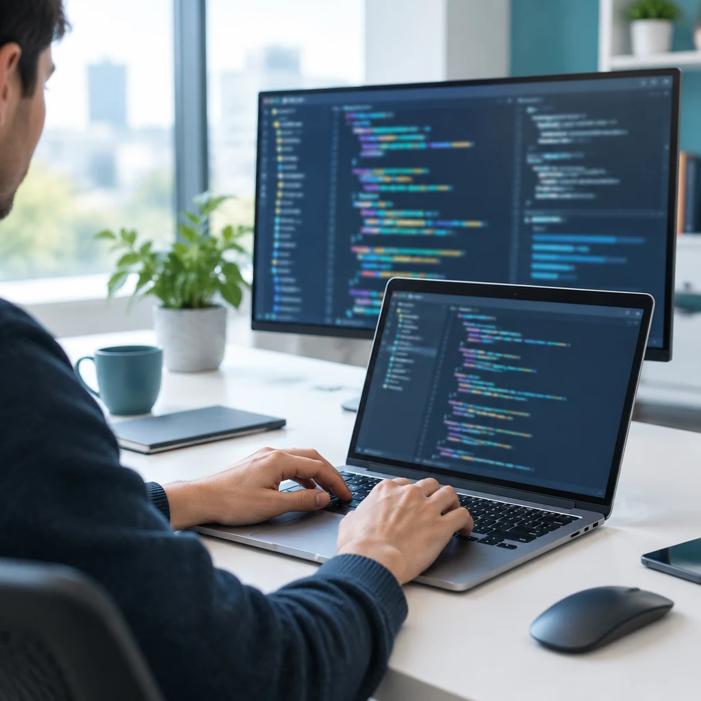 Developer typing on a laptop with code on a second monitor