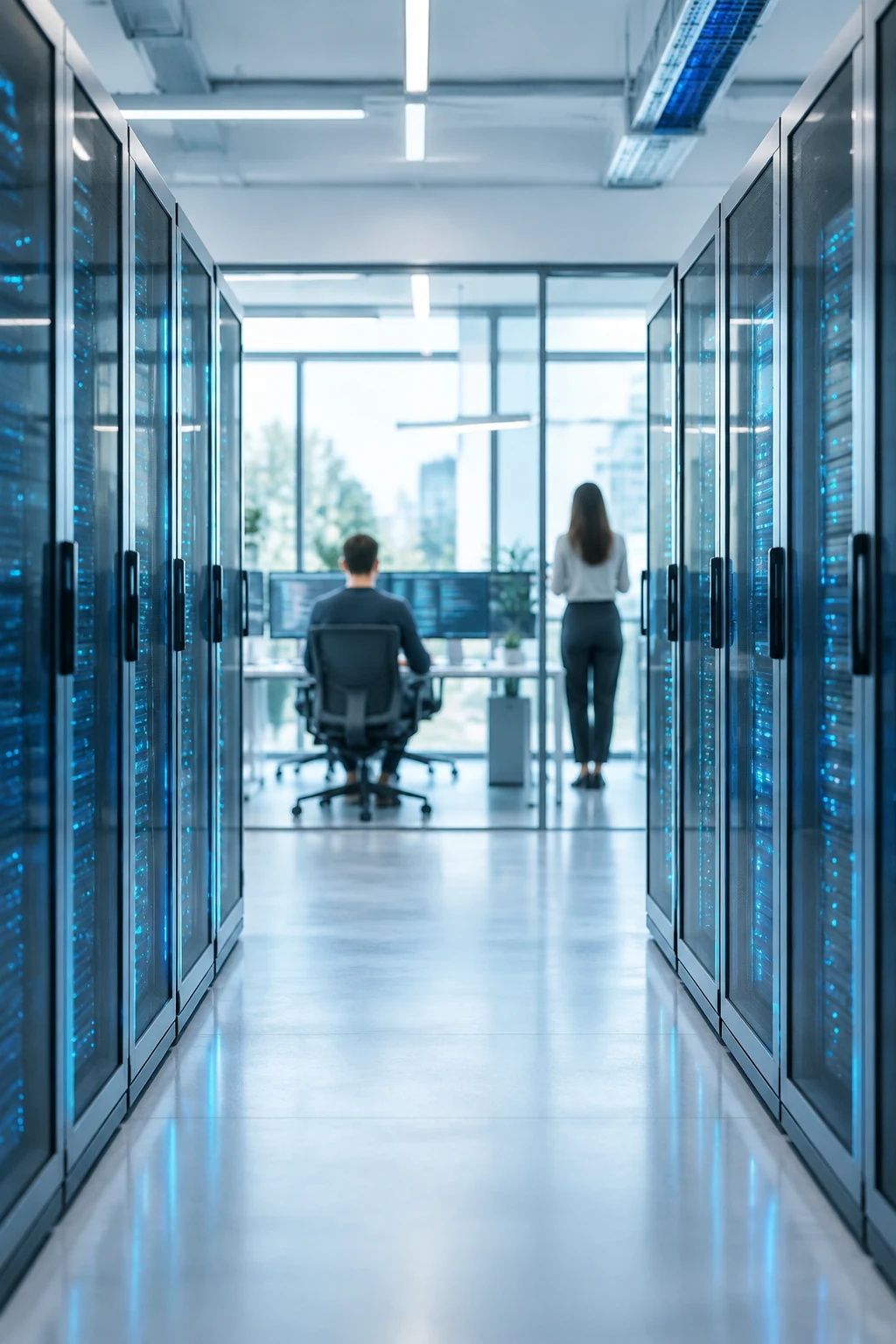 Data centre aisle with soft blue lights