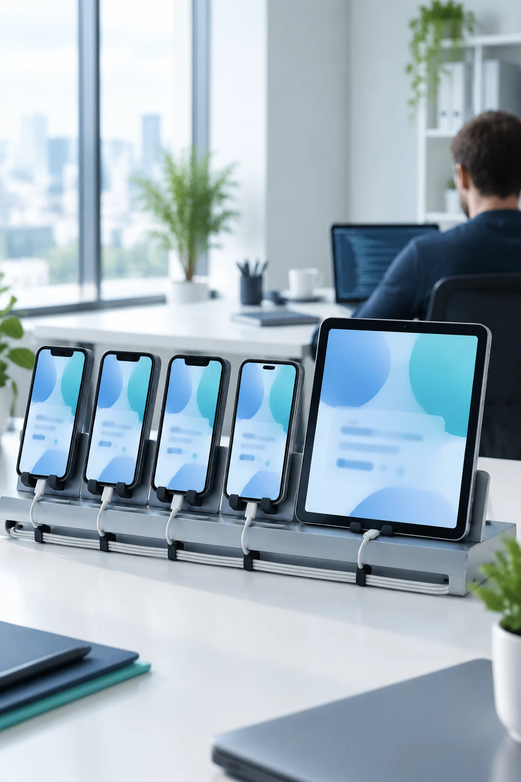 Smartphones and a tablet lined up on a test stand